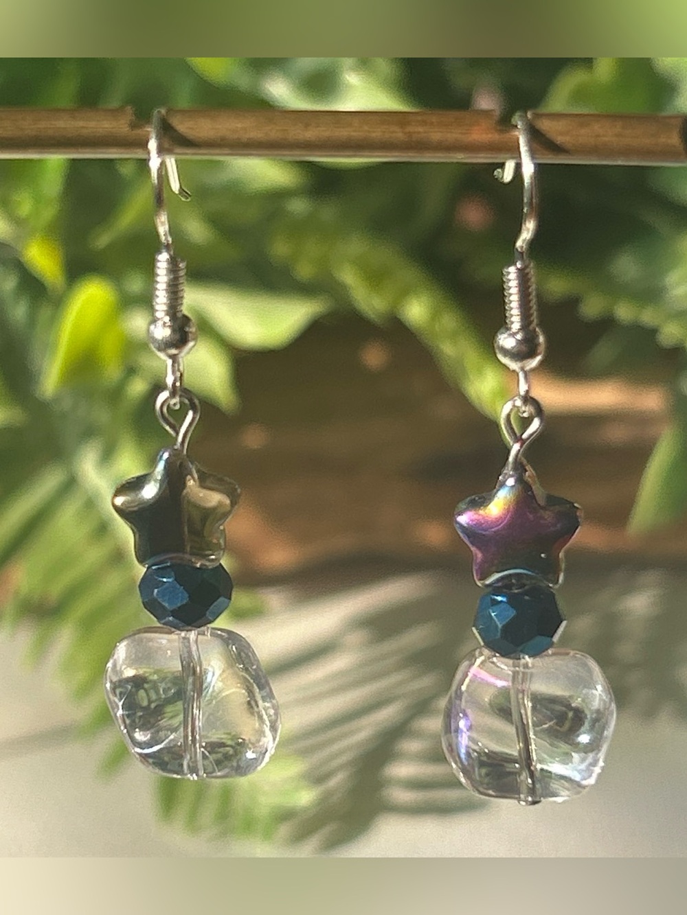 Iridescent Star Drop Earrings with Blue Accent